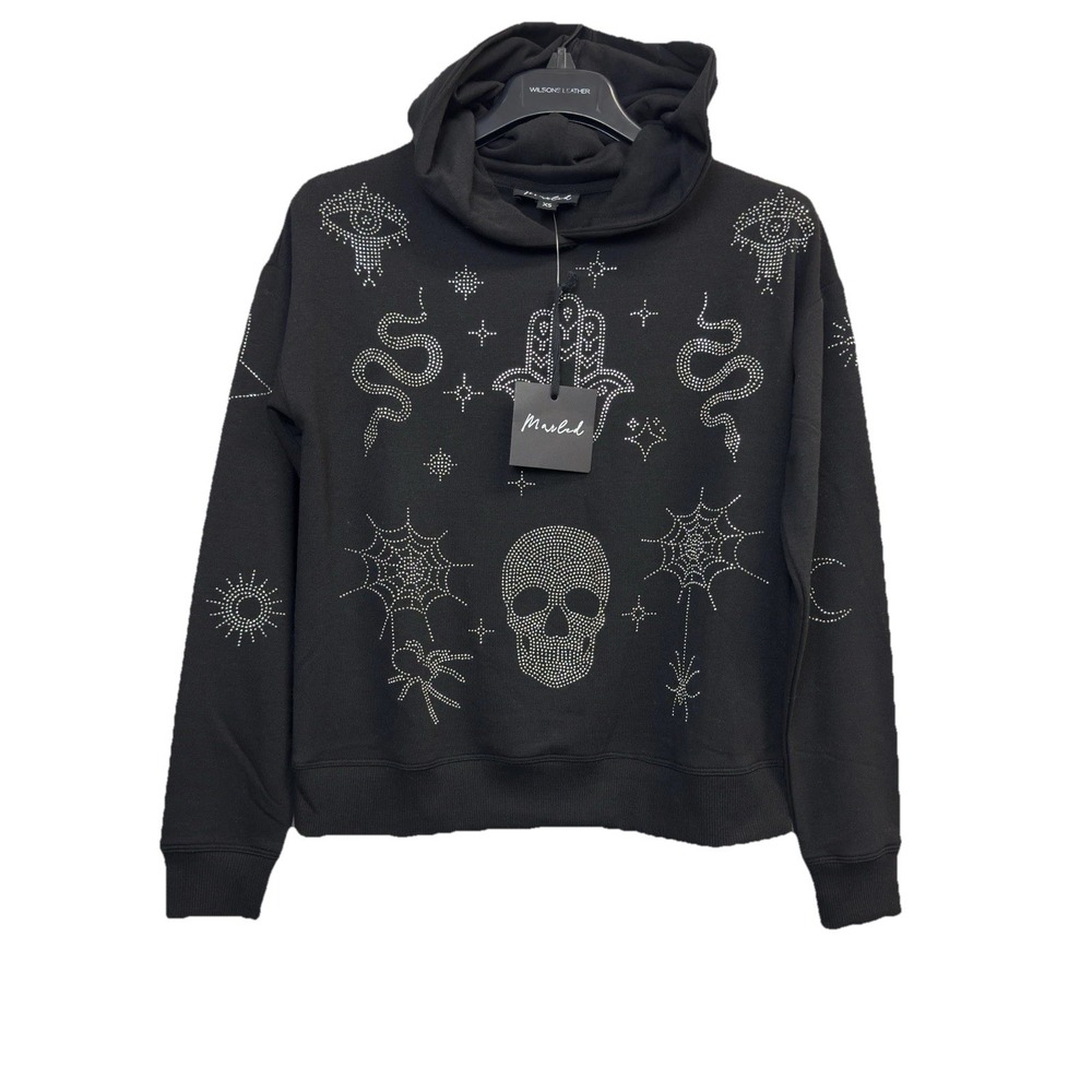 Marled Black Rhinestone Hoodie Pullover Sweatshirt Women's XS Skull Hamsa Snake